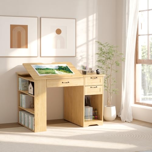 Drafting Table with Storage Cabinet & Drawers, Adjustable Drawing Table with Open Shelves, Craft Art Desk for Artists, Painters, Drawing, Crafting, Reading, Writing, Working - color: Natural Oak