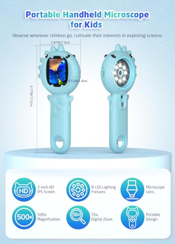 PHNIXGAM Kids Microscope Camera, 500X Handheld 2" IPS Screen, Blue Dinosaur - color: Blue Dinosaur