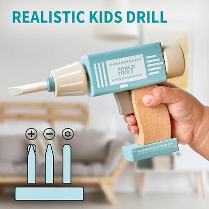 medoga Kids Tool Bench,Wooden Play Tools Set with Kids Tool Belt Workbench Pretend Construction Tools Set Wooden Toy Drill Gift for Boys & Girls Age 3-12 - color: Green