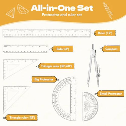 7Pcs Geometry Set-Clear Plastic Rulers,Triangle Ruler,Protractor,Compass