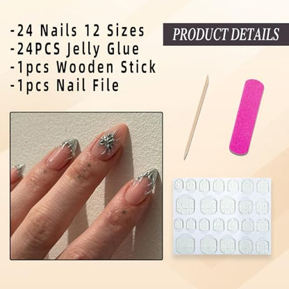 Silver French Tip Press on Nails Medium Almond Fake Nails with 3D Designs Gothic Full Cover Glue on Nails Reusable Glossy Y2K Silver Metal Acrylic False Nails for Women 24Pcs