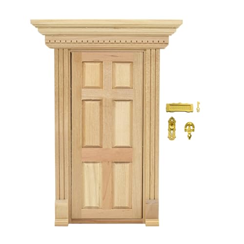 iLAND Dollhouse Door on 1 12 Scale, Unfinished Paintable Neoclassical Wooden Door w/Metal Handle, Mail Slot, Key & Knocker, Miniature Building Supplies Dollhouse Furniture & Decor - style: Neoclassical Mini Door