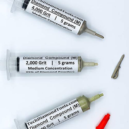TechDiamondTools Diamond Polishing Paste Kit — 3 Grits (1200, 2000, 4000) | USA Made | Oil-Based Syringes | Progressive Polishing Set for Metal, Glass, Gemstone, Knife, Jewelry | 25% Diamond Powder - size: 1200 2000 4000 Grit, style: Medium 25% concentrat