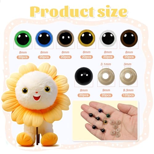 TOAOB 140pcs 8mm Colorful Plastic Safety Eyes Craft Eyes with Washers for Stuffed Animals Amigurumis Crochet Bears Dolls Making - size: 8mm