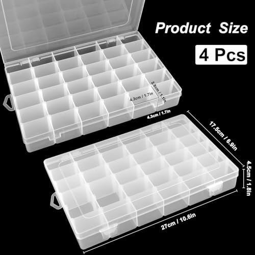 4 Pack 36 Grid Bead Organizer Box with Removable Dividers, Clear Plastic Organizer Box, Craft Storage Containers for Beads, Jewelry, Fishing Tackle, Thread, Screws, DIY Small Parts