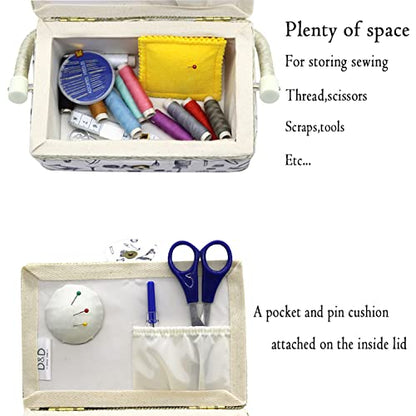 Small Sewing Basket with Supplies, Sewing Kit Storage Box for Girls/Kids/Beginners (White, Sewing Accessories Pattern)