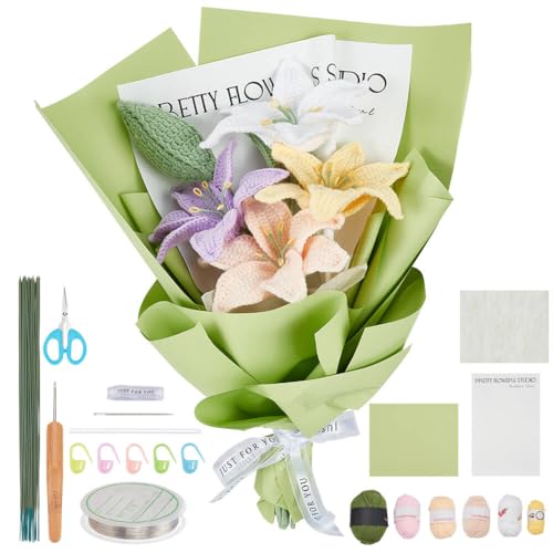 INFUNLY 10 pcs Lily Flowers Crochet Kits for Beginners Complete Flower Crochet Kits for Adults Starters with Instruction and Video Tutorials Crochet Kit Gift for Mother's Day Wedding Birthday - style: Lily