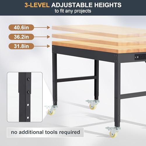 HABUTWAY Height Adjustable Workbench with Wheels 48" x 24" 2000 Lbs Capacity Solid Wood Work Station Heavy-Duty Rolling Work Tables for Garage Party Shop Office - size: 48"x24"x40.6"
