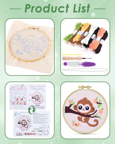 ERKOON Punch Needle Kit for Beginners Adults, DIY Easy Animals Embroidery Set for Starter Art Craft, Needling Punch Project with Patterns, Tools, Yarns, Hoop, Instruction (Monkey) - color: Monkey