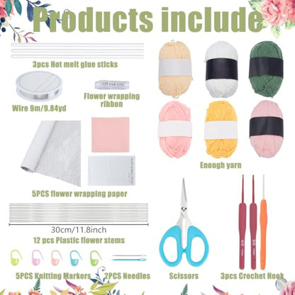 INFUNLY 12pcs/Set Crochet Flower Bouquet Kit Pink Tulip Handmade Crochet Flower Set White Lily Knitted Flowers Making Kit with Yarn Hook Instructions for Women Wedding Graduation Birthday Home - color: Beige White