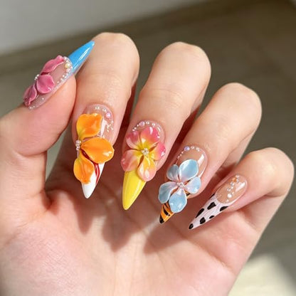 Reusable Handmade Press on Nails, 3D Flower Stiletto Nails with Pearls, Vibrant Tropical Blossom False Nails for Women, 10Pcs Kit with Nail Kit(M) - color: DHK, size: Medium