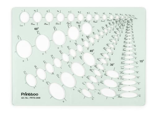 Printtoo Ellipse Stencil Template, 2mm Acrylic Reusable Oval Drawing Guide with 15°, 30°, 45° & 60° Cutouts for Drafting, Technical Drawing, Geometry, School Projects, Art and Craft - color: Series-PRTD-2849A