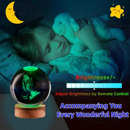 3D Hands Crystal Ball Lamp with Remote Control, 3.15 inch Prayer Crystal Night Light with Wooden Base 16 Colors Change, Glass Pray Figurine Lamp Gift for Girls Boys Wife Mom (Hands) - color: Hands