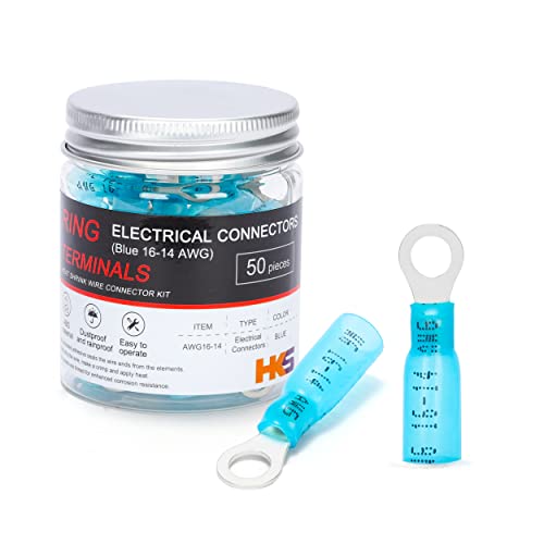 HKS 50 PCS Ring Terminals #10 Blue 16-14 AWG - M5 - Electrical Connectors - Heat Shrink Wire Connector Kit - Tinned Red Copper - Automotive Marine Ring Connectors - Waterproof and Insulated - color: Blue, size: #10 (M5)