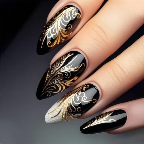 24Pcs Press on Nails Almond Medium Fake Nails with Gold Designs False Nails Whhite Glitter Stick on Nail Black Sparkly Glue on Nails Cute Full Cover Artificial Nail for Women - color: Style03