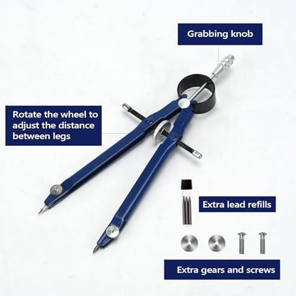 Compass for Geometry, Metal Compass with Extra Refills Compass Drawing Tool for Students Drafting Compass Back to School Supplies (Blue 2pcs)