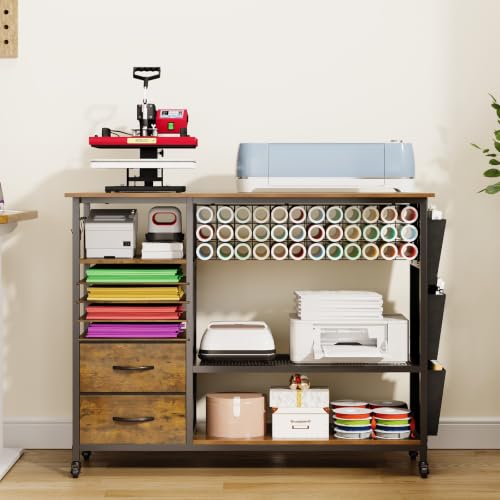 VENNQD Large Heat Press Table Stand, Rolling Heat Transfer Machine Desk Cart Drawers Compatible with Cricut Machines Vinyl Roll Holder DIY Organizer Crafting Table Workbench (Rustic Brown) - color: Rustic Brown