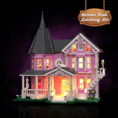 Pink Palace House Building Set with Lights, Halloween Haunted House Blocks Toy, Halloween House Kit for Kids Adults, Compatible with Lego, Christmas for Girls and Boys, Aged 8+ (1349PCS)