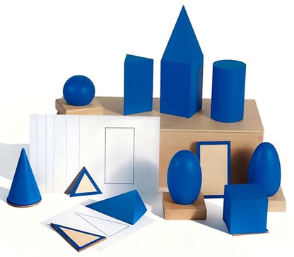 Premium Montessori Geometric Solids with Matching Cards, Solid Beechwood 3D Shapes, Plane Figures, Stands & Cards, Sensorial Geometry Materials for Spatial Awareness, Homeschool Classroom Kids 3-9