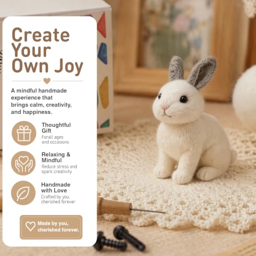 DIY Needle Felting Kit Realistic Cream Rabbit Dark Brown Markings – Needle Felting Starter Kit with Fiber Roving, Needles, Felting Pad & Instructions | Felted Rabbit Kit for Beginners Adults - color: Dark Brown