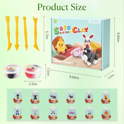 Air Dry Clay Kit, 12 Cute Animal DIY Modeling Clay with Step - by-Step Tutorial and Sculpting Tools, Non-Toxic & Safe,Unique DIY Home Party Favors for Boys, Girls