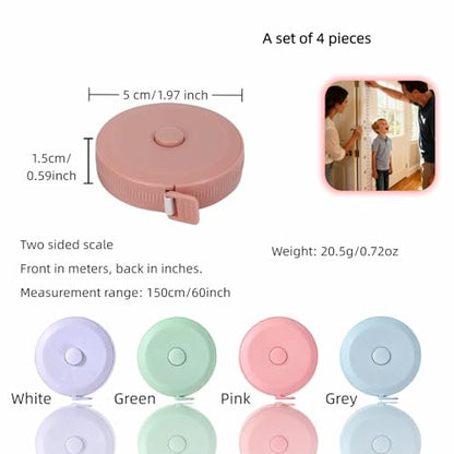Retractable Measuring Tape Set,4-Pack Soft Tape Measure/Auto-Retracting, 60" 150cm Flexible Sewing Tailor Tape, Body Measuring Tape for Body & Fabric, Dual Scale with Inches & Centimeters