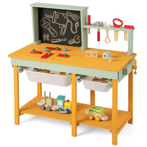 Costzon Tool Bench for Kids, Wooden Pretend Workbench with Toy Tools and Accessories, Realistic Role Play Construction Building Tool Set, Indoor Outdoor Power Tool Workshop for Boys Girls 3+ - color: Yellow