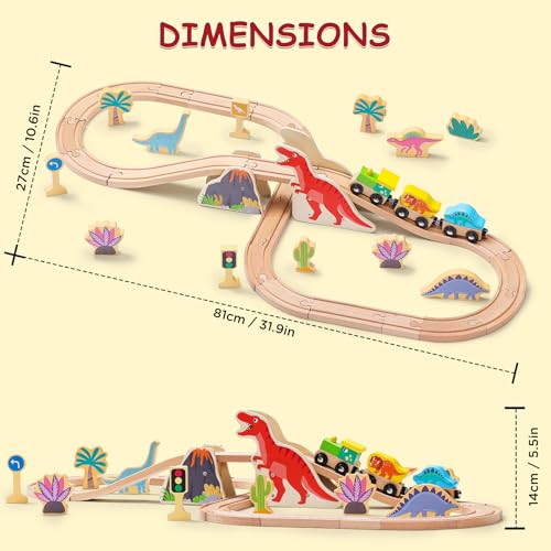 SainSmart Jr. Wooden Train Set Dinosaur Theme, Train Toys with 6 Kinds of Dinosaurs, Dinosaur Train Compatible with Brio, Thomas, Melissa & Doug – Perfect Wood Toy for Boys and Girls - style: Dinosaur
