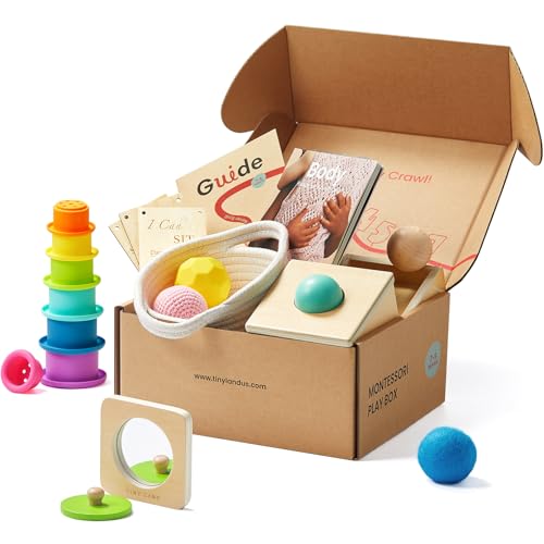 Tiny Land Montessori Toy Set for Babies 7-9 Months Senser Play Kit - 5-in-1 Wooden Learning Toys with Object Permanence Box, Sensory Ball, Stacking Cups and Mirror Puzzle,Body Board Book - style: 7-9M Educational Box