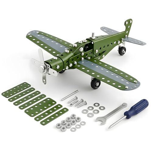 Metal Model Airplane Building Toys for Kids, DIY STEM Construction Kits - style: Green Metal Airplane Build Kit
