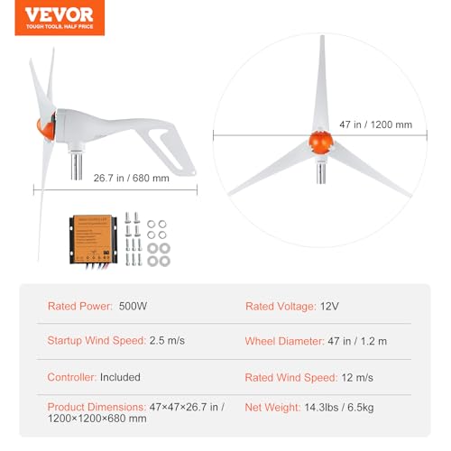 VEVOR 500W Wind Turbine Generator, 12V Wind Turbine Kit with MPPT Controller, 3-Blade Wind Power Generator with Adjustable Windward Direction, 2.5m/s Start Wind Speed for RVs, Boats, Home, Farm - style: 12V 500W 3-Blade