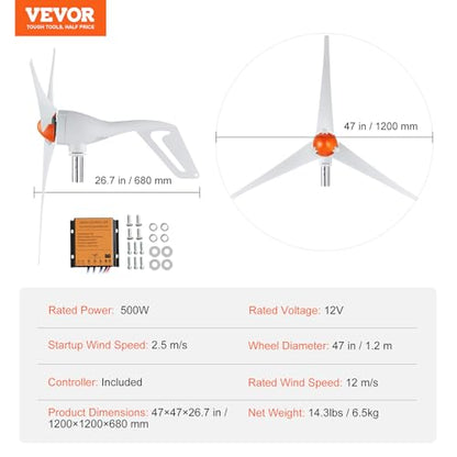 VEVOR 500W Wind Turbine Generator, 12V Wind Turbine Kit with MPPT Controller, 3-Blade Wind Power Generator with Adjustable Windward Direction, 2.5m/s Start Wind Speed for RVs, Boats, Home, Farm - style: 12V 500W 3-Blade
