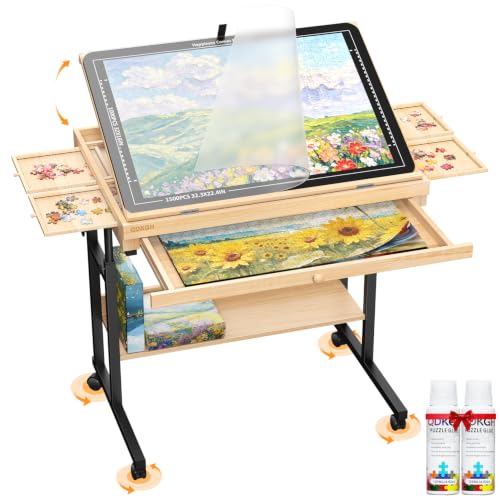 1500-Piece Wooden Puzzle Table with Moving Caster for Family Puzzling, Height Adjustable Puzzle Board with Drawers & Felt Cover for Adults & Kids, Gift for Mom, Parent, and Puzzle Enthusiasts