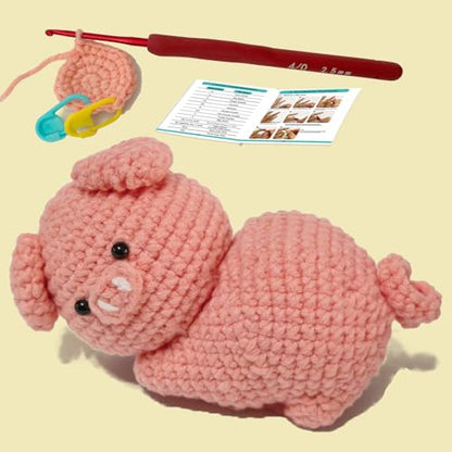 JueRum Pig Crochet Kits for Adult,Amigurumi Advanced Crochet Animals Kit with Step-by-Step Video Tutorials, Learn to Crochet Pig Animals Knitting Kit for Adult Crochet Gifts - color: Pink Curvy Hip Pig