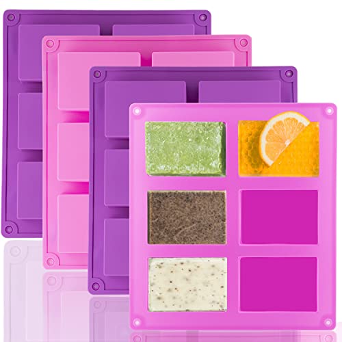 Lerykin 4 Pack Silicone Soap Molds, 6 Cavities Rectangle Silicone Soap Mold, Great for Homemade Craft Soap Bar Mold, DIY Chocolate Molds, Cake Molds & Ice Cube Trays - Just Pop Out (Purple & Pink) - color: Pink+Purple - Rectangle