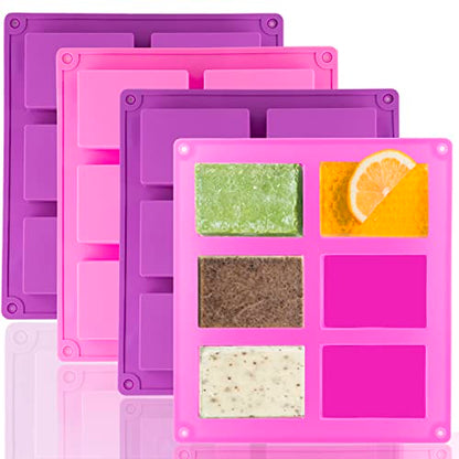 Lerykin 4 Pack Silicone Soap Molds, 6 Cavities Rectangle Silicone Soap Mold, Great for Homemade Craft Soap Bar Mold, DIY Chocolate Molds, Cake Molds & Ice Cube Trays - Just Pop Out (Purple & Pink) - color: Pink+Purple - Rectangle