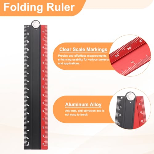 Generic Folding and Straight Ruler Kit 30/15cm Metric Aluminum Alloy Protractor Foldable Angle Wave Edge Ruler with Hollow Circle for Home Classroom Office, Black-Red - color: Black-Red