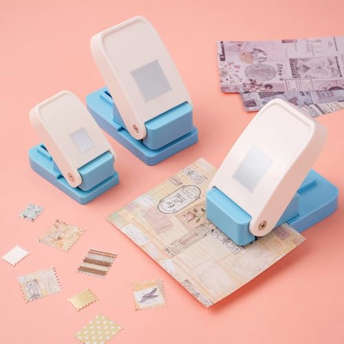 3 Pcs Stamp Punch, 1x0.8inch Medium Stamps Shaped Punch, 1 Inch Square Stamps Hole Puncher, 0.6x0.5 Inch Mini Rectangle Stamp Cutter, Lever Craft Paper Punches for Crafting Diy Scrapbooking Journaling - color: 1x0.8inch+1x1inch+0.6x0.5inch Stamp Punch