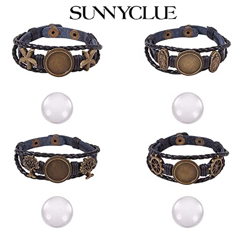 SUNNYCLUE DIY 4 Sets Braided Leather Bracelet Making Kit Multilayer Rope Bangle Cuff Wristband with Blank Alloy Cabochon Bezel Tray, Clear Glass Cabochon 18mm, Button Adjust, Mixed Shapes - color: Mixed Shapes