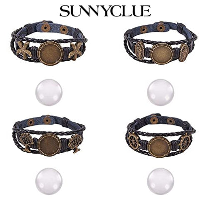 SUNNYCLUE DIY 4 Sets Braided Leather Bracelet Making Kit Multilayer Rope Bangle Cuff Wristband with Blank Alloy Cabochon Bezel Tray, Clear Glass Cabochon 18mm, Button Adjust, Mixed Shapes - color: Mixed Shapes
