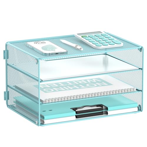 DALTACK 3 Tier Letter Tray Paper Organizer with Sliding Mesh Trays Blue - color: Blue