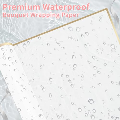 BESUPERT 52Pcs Flower Bouquet Wrapping Paper Kit, 20 Sheets White Waterproof Floral Wrapping Paper, 1 Letter 1 Rhinestone Sticker, 12 Gold 12 Pink Butterflies, 5 Cards, 1 White Ribbon (Gold Edge) - color: White (Gold Edge)