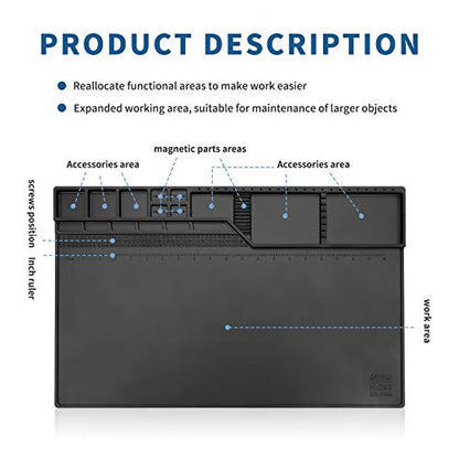 HengTianMei-203 Black Magnetic Repair Work Mat Heat Resistant Large Silicone Soldering Mat Expand Work Area for Soldering, Electronics, Computer Repair Etc 22" * 14" - size: HTM-203