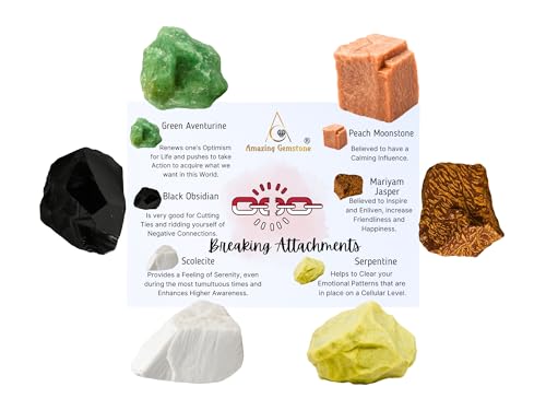 Amazing Gemstone Crystals for Breaking Attachments Manifestation, Set of 6 Green Aventurine, Black Obsidian, Scolecite, Peach Moonstone, Mariyam Jasper and Serpentine Healing Crystals and Stones - color: Breaking Attachments Crystals