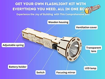 DIY Wooden Flashlight STEM Kit for Kids Aged 8-12 | Battery-Operated Educational Science Experiment Kit with Built-in Switch