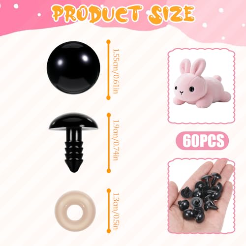 60Pcs 15mm Safety Eyes, Spiral Black Plastic Safety Eyes Crafts Safetys Eye with Washers for Bear Doll Puppet Plush Animal DIY Craft