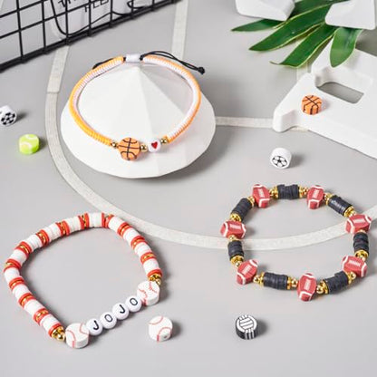 200Pcs Sports Polymer Clay Beads - Basketball, Football, Volleyball, Rugby, Baseball, Ping Pong, Billiards, Spacer Beads for DIY Bracelet, Earring, Key Chain Jewelry Making - color: Sports Theme
