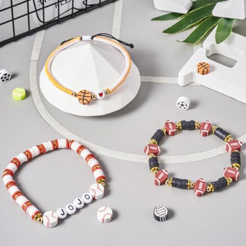 200Pcs Sports Polymer Clay Beads - Basketball, Football, Volleyball, Rugby, Baseball, Ping Pong, Billiards, Spacer Beads for DIY Bracelet, Earring, Key Chain Jewelry Making - color: Sports Theme