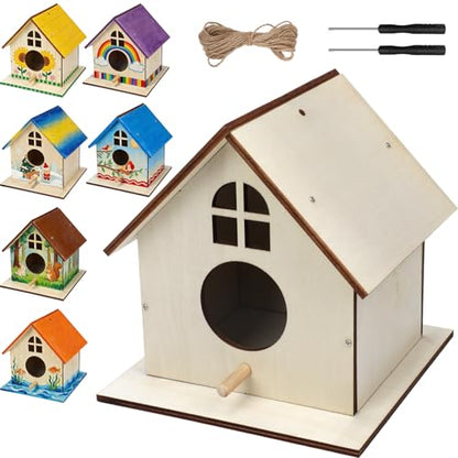 6 Pack Wooden DIY Birdhouse Kit for Kids Adults, Thickened Double-Layer Wood with Screwdrivers, Nails, Ropes, Easy Build & Paint Arts and Crafts Set for Backyard Garden Bird Watching - style: 6 Pack
