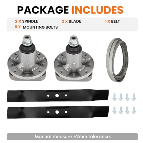 42 inch Deck Spindle Blade Belt Rebuild Kit for John Deere L100 L105 L107 L108 L100 L110 L111 L118, Include Spindle GY20050 GY20785, 1/2" x 104" Belt GX20072 GY20570, Mulching Blade GX20249 GX20433 - size: 42 inch Spindle Kit